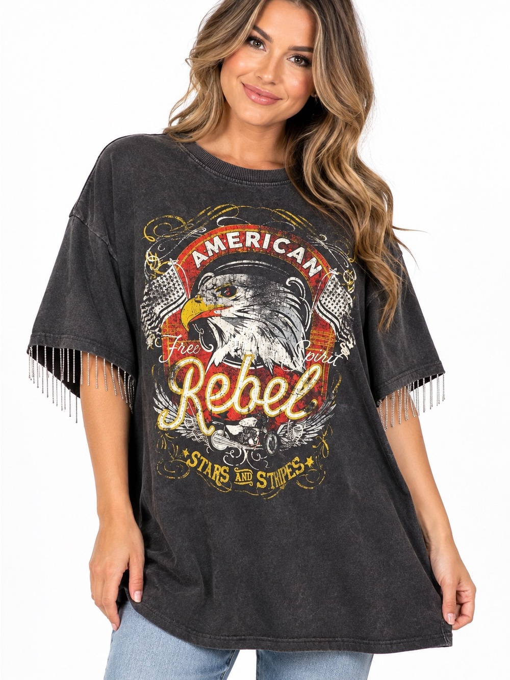 Mimi Chica Black 'Rebel' Eagle Graphic Tee with Fringe Sleeve Accents western 3X